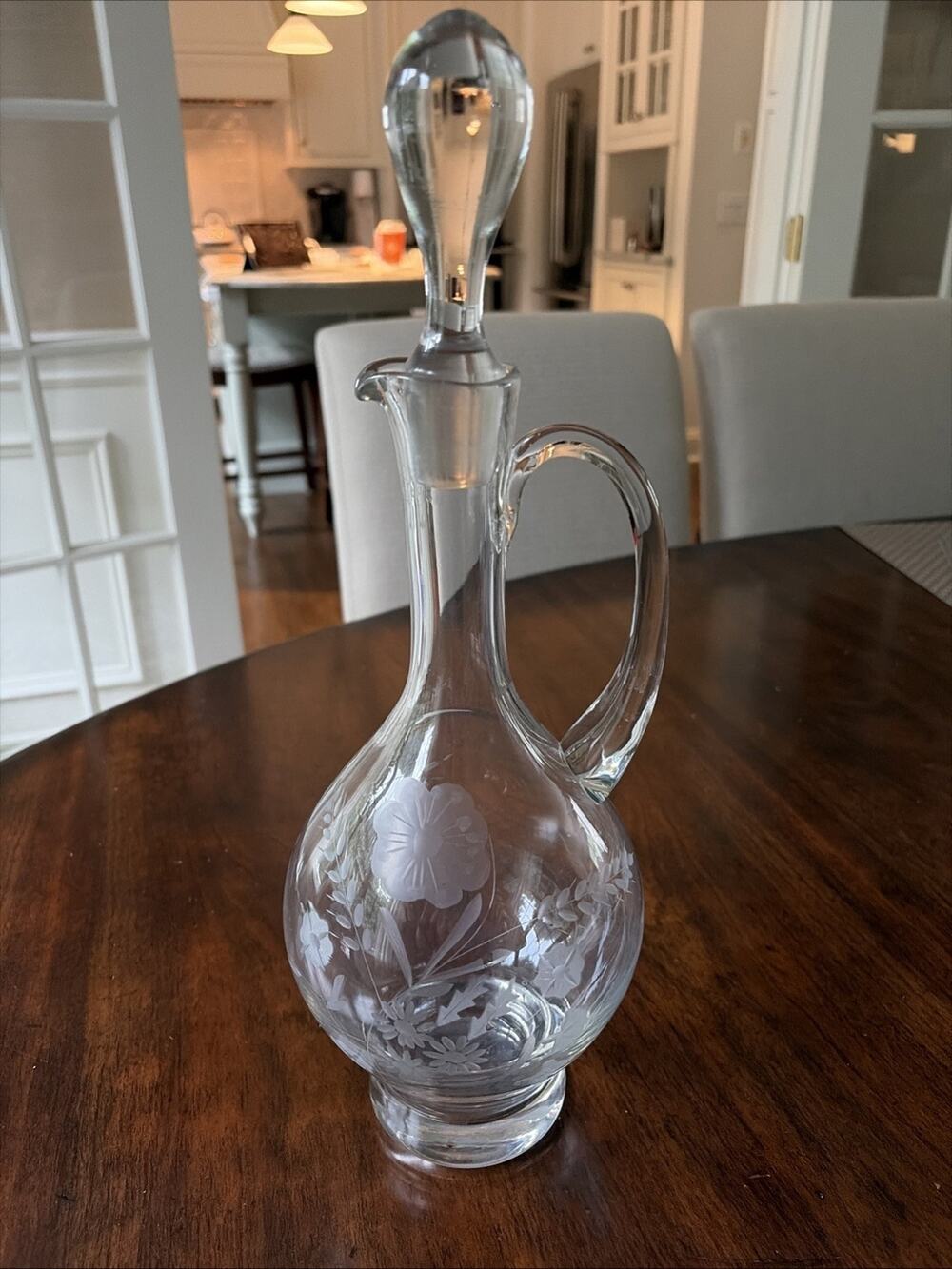 Vintage Art Glass Wine Floral Etched Decanter